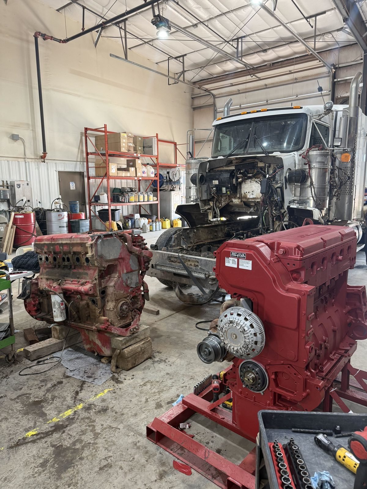 Replacement diesel engine staged next to the old engine