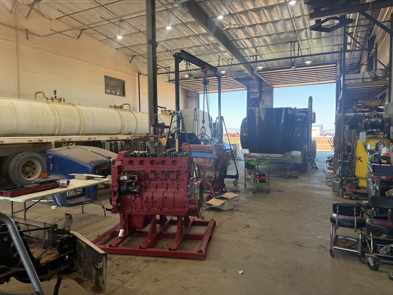 Diesel engine on a stand in the Watson Repair shop