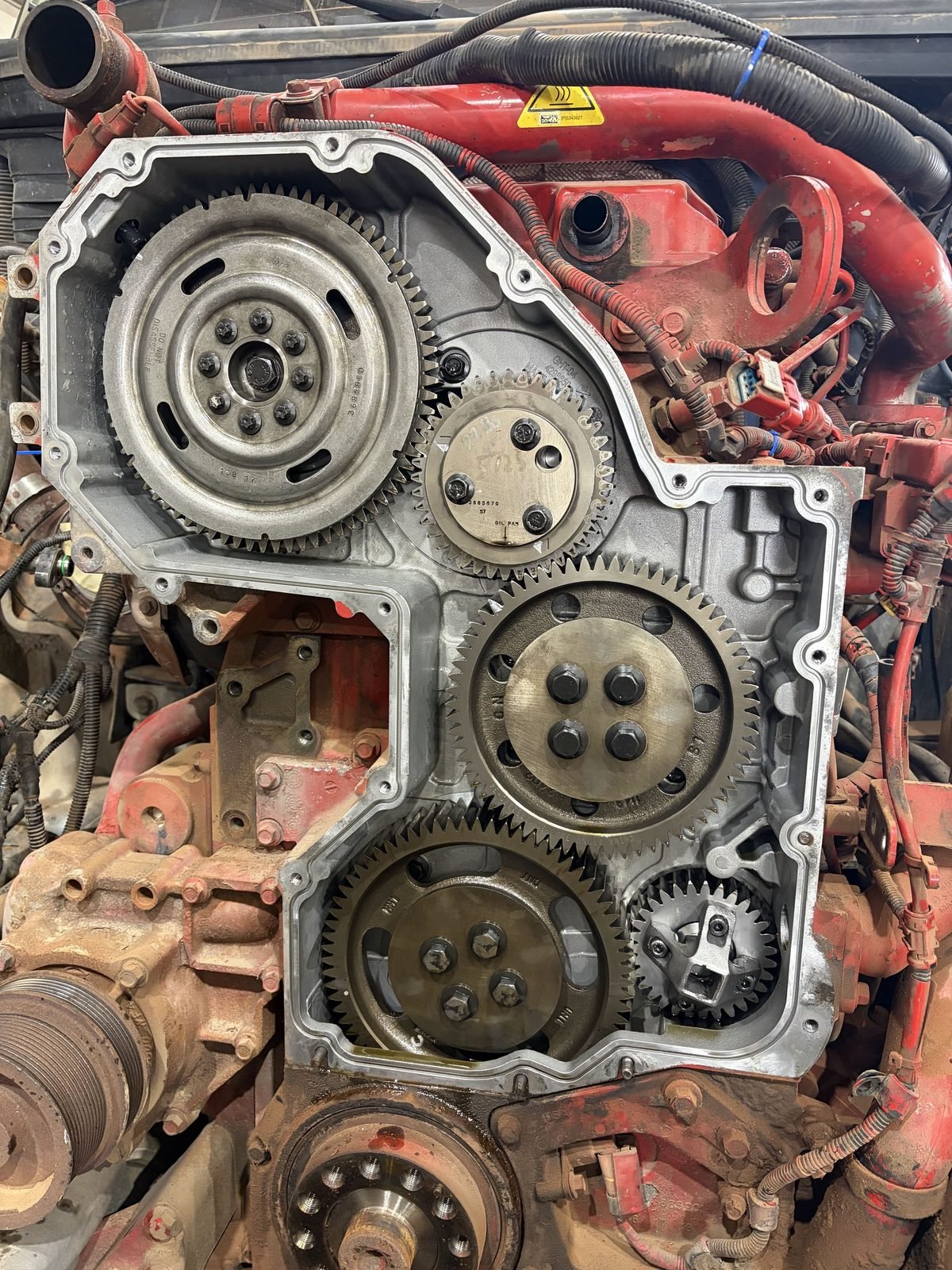 Diesel engine with the front cover off, showing the timing gears
