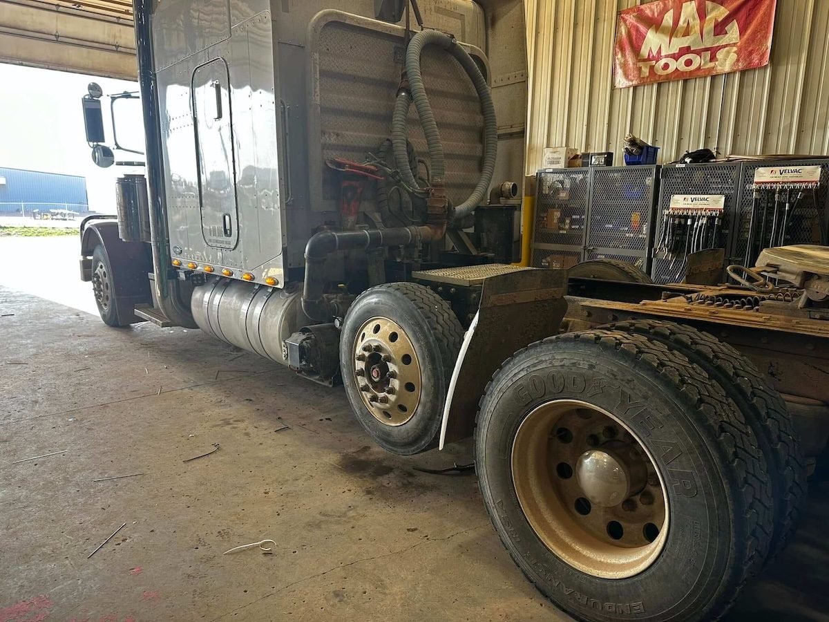 Heavy-duty semi tractor in the shop for diesel repair